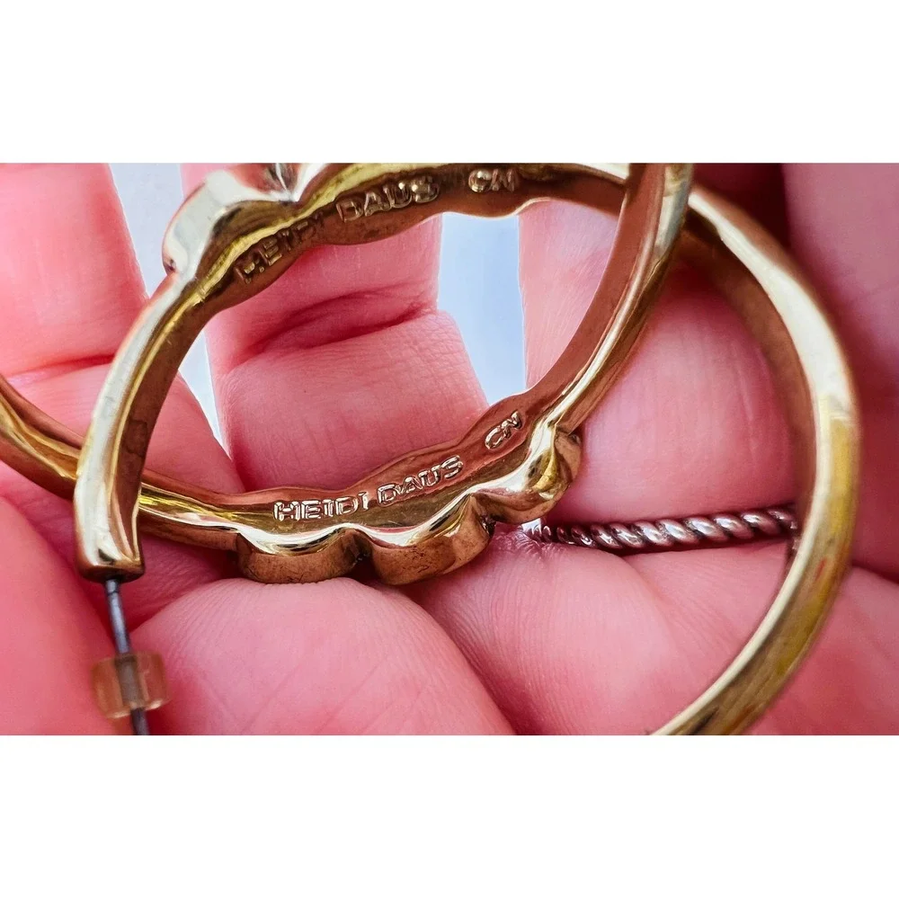 Heidi Daus Gold Tone Clear Crystal Triple Stone Hoop Earrings Pierced C-Hoops